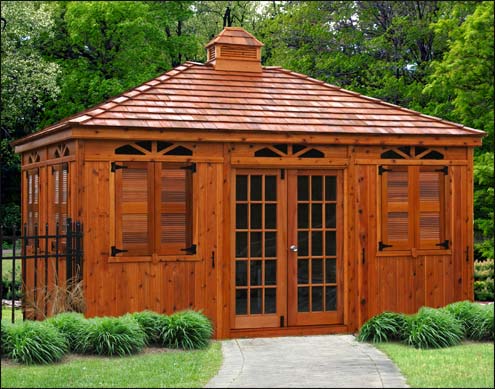 12 x 16 Red Cedar Rectangular Cabana, shown with Cedar Shake Shingles, Cupola, Custom French Double Doors, Louvered Shutters and Cedar Tone Stain/ Sealer