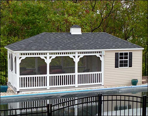 10 x 20 Vinyl Pool House, with Dual Black Asphalt Shingles, Almond Vinyl Siding, Gray Composite Decking, Single solid door, 18x36 Window with Shutters, Cupola and Optional Screens and Screen Door. 