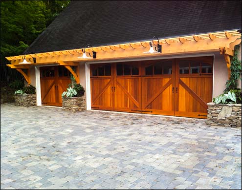 4 x 36 Red Cedar Eyebrow Pergola shown with custom 4 wall brackets, 2x8 spliced header beams, 2x6 runners (16" on center), 1x1 top runners (16" on center) , and customer supplied stain.