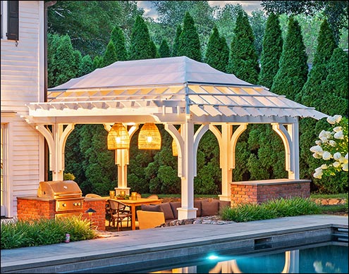 Custom Treated Pine Hip Roof Pergola w/ Eyebrow Pergola Extension