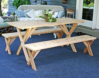 Red Cedar Cross Legged Picnic Table w/Benches shown Unstained