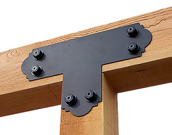Decorative T-Plate shown connecting a post and beam