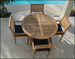 47" Teak Round Table and Slat Back Stack Chair Set