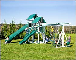 Castle Vinyl 2-Tier Swing & Slide Playset w/ Climbing Set & Rock Wall