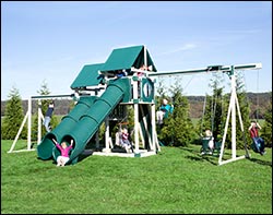 Jamboree Vinyl 2-Tier Swing & Slide Playset w/ Climbing Set & Rock Wall