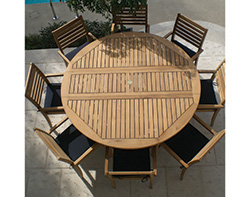72" Teak Round Table and Slat Back Stack Chair Set 