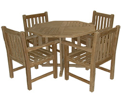 52" Teak Octagon Table and 4 Garden Chairs with Arms