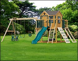 Escapade Treated Pine Swing & Slide Playset w/ Rock Wall & Fireman Pole