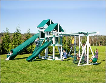 Castle Vinyl 2-Tier Swing & Slide Playset w/ Climbing Set & Rock Wall