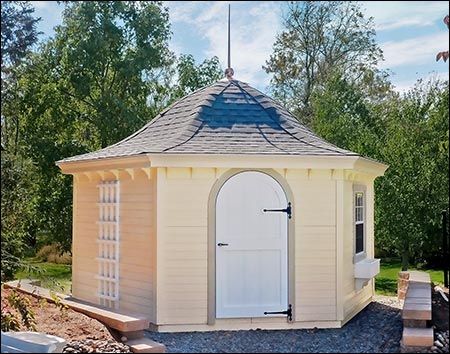 14' SmartSide Hexagon Belle Roof Cabana shown with Navajo Paint, Driftwood Asphalt Shingles, 30" x 36" Aluminum Window, Arched Door, Flower Box, 40" Copper Finial, and Trellis Section.