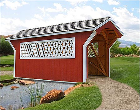 Covered Bridge Shown with Optional Red Paint, White Trim, Cedar Shake Roof and Lattice Windows