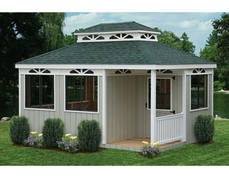 12' x 16' SmartSide Double Roof Rectangle Cabana shown with Customer Supplied Paint, White Trim, Rustic Evergreen Shingles, Sunburst Design Walls, 8 Windows, and Optional Porch Nook.