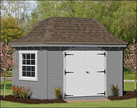 10' x 16' SmartSide  Elongated Hexagon Belle Cabana with Dual Brown Shingles, optional 30" x 36" Vinyl Double Hung Window and Chevron Double Door shown