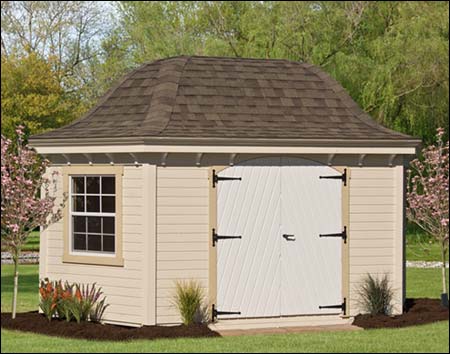 10' x 16' Vinyl Elongated Hexagon Belle Cabana with Dual Brown Shingles, optional 30" x 36" Vinyl Double Hung  Window and Chevron Double Door shown