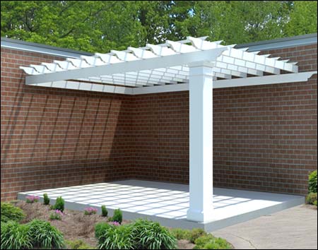 12' x 16' Fiberglass Corner Wall Mount Pergola shown.