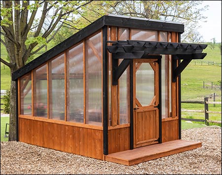 8' x 12' Red Cedar Siding Pergola Style Greenhouse shown with Cedar-Tone Semi-Transparent Stain, Twin Polycarbonate Roof, and 2 Shelves (optional).