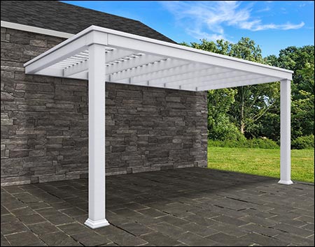 10' x 18' Wall Mount Vinyl w/Wood Inserts Modern Pergola shown in White Vinyl.