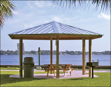20' x 20' Laminated Wood Orchard Pavilion Shown, Metal Roof and Table Not Included