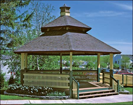 30' x 30' Laminated Wood Orchard Pavilion w/Double Roof Shown w/Asphalt Shingles, Railing Sections, Cupola and Custom Steps and Railing