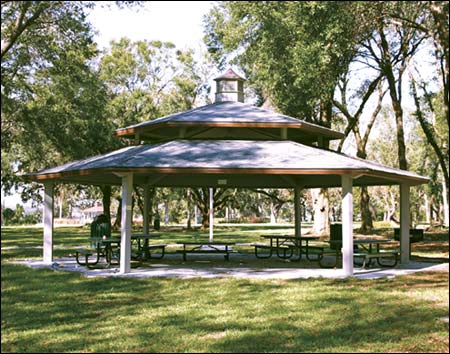 40' x 40' Laminated Wood Orchard Pavilion w/Double Roof Shown w/Asphalt Shingles, Cupola, and Customer Supplied Paint, Tables Not Included