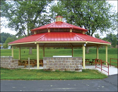 40' x 40' All Steel Santa Fe Octagon Dobule Roof Pavilion Shown w/Powder Coated Steel Frame and Cupola, Tables Not Included