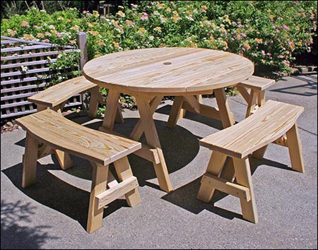 Treated Pine Round Picnic Table, Wooden Picnic Tables With Detached Benches