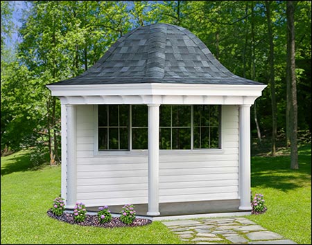 10' Pine Hexagon Belle Poolside Pool House shown, painted White with Charcoal Gray Shingles and optional 15 Lite Door  