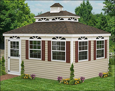 14' x 20' Vinyl Double Roof Rectangle Cabana shown in Almond with White Trim, Dual Brown Shingles, Sunburst Walls, and 9 Optional Windows with Scotch Red Shutters.