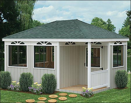 As shown 12 x 16 SmartSide rectangle with Rustic Evergreen Shingles, and optional Nine 46"w x 40"h Sliding windows, Porch Nook, Sunburst Design walls, and paint.