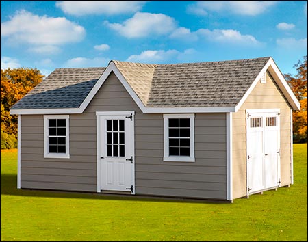 12' x 20' SmartSide Siding Chalet Style Shed shown with Peak Dormer, Deluxe Gable Vents, Extra 9-Lite Single Door, LP Lap Siding