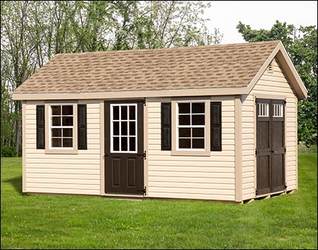10' x 16' Vinyl Siding Deluxe Estate Shed shown with Double Dutch Lap Siding in Cream, and 1 Double Door and 1 Single Door