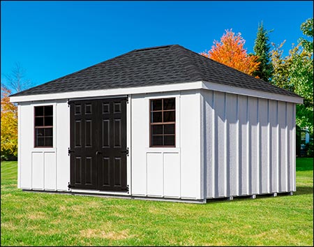 10' x 16' SmartSide Siding Deluxe Hip Roof Shed with Board and Batten Siding and Painted Fiberglass Doors