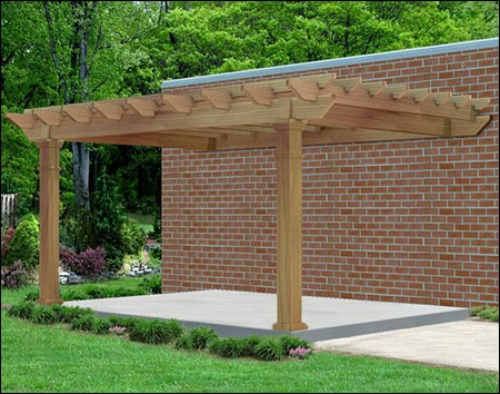 12' x 16' Rough Cut Cedar Vintage Classic Wall Mount Pergola shown.