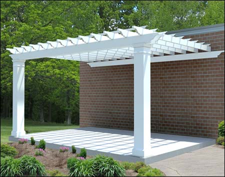 12 X 16 Wall Mount Single Beam Fiberglass Pergola Shown.