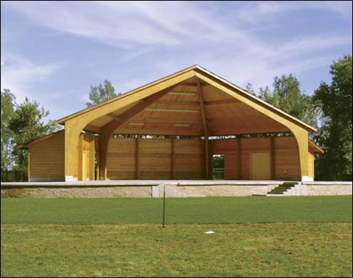 65’ Sydney Deluxe Hexagon Amphitheater with Laminated Back Wall Option, Dressing and Restroom Additions