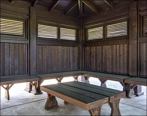 Custom 21’ x 21’ Cedar Marquee Shelter with Customer supplied stain, and custom benches