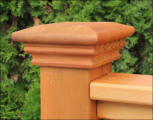 Close up of Western Red Cedar Flat Top Post cap with Cedar Stain/Sealer shown. <br/>(Also available in Treated Pine)