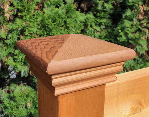 Close up of Western Red Cedar Pyramid Post Cap shown with Cedar Stain/Sealer.<br/>(Also available in Treated Pine)