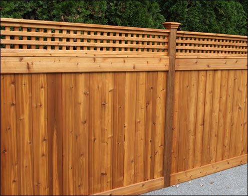  Western Red Cedar English Lattice Style Fence with flat top post caps, Cedar Stain/Sealer and straight 12 inch lattice shown. Shown in standard 6 height and 6 width between posts. <br/>(Also available in Treated Pine)