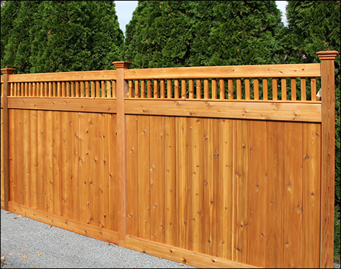  Western Red Cedar Spindle Top Style Fence with 12 inch spindle top, flat top post caps and Cedar Stain Sealer shown. Shown in standard 6 height and 6 width between posts.<br/> (Also available in Treated Pine)