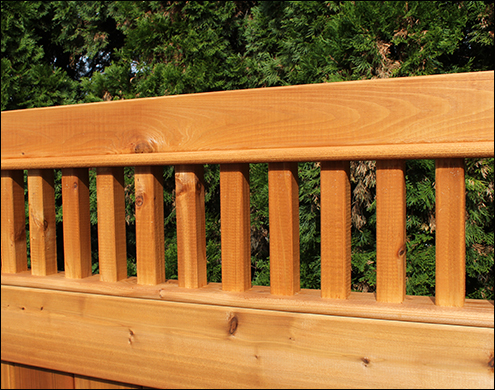 Close up of Western Red Cedar 12 inch Spindle Top shown with Cedar Stain/Sealer<br/> (Also available in treated pine).