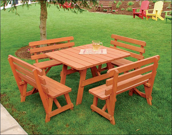 Southern Yellow Pine Square Table w/4 Backed Benches