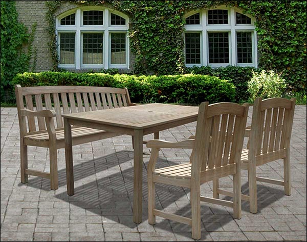 Acacia Dining Table w/ Bench & 2 Curved Top Armchairs