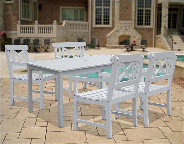 White Acacia Dining Table w/ 4 Crossback Armchairs