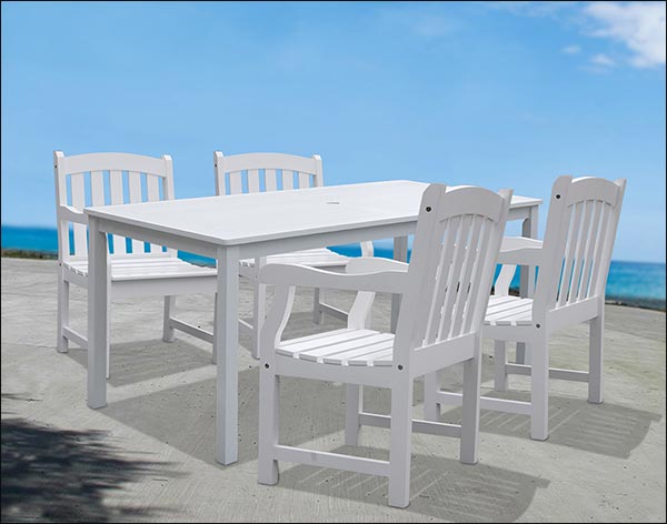 White Acacia Dining Table w/ 4 Curved Top Armchairs