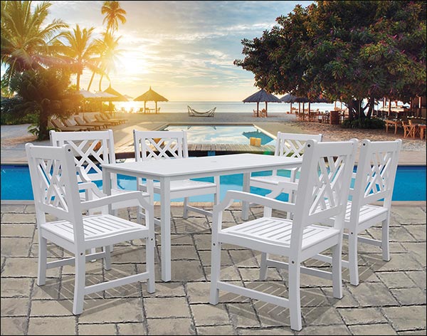 White Acacia Dining Table w/ 6 Chippendale Armchairs