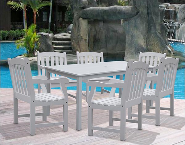 White Acacia Dining Table w/ 6 Curved Top Armchairs