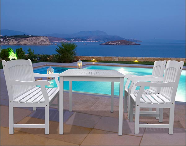 White Acacia Dining Table w/ Bench & 2 Curved Top Armchairs